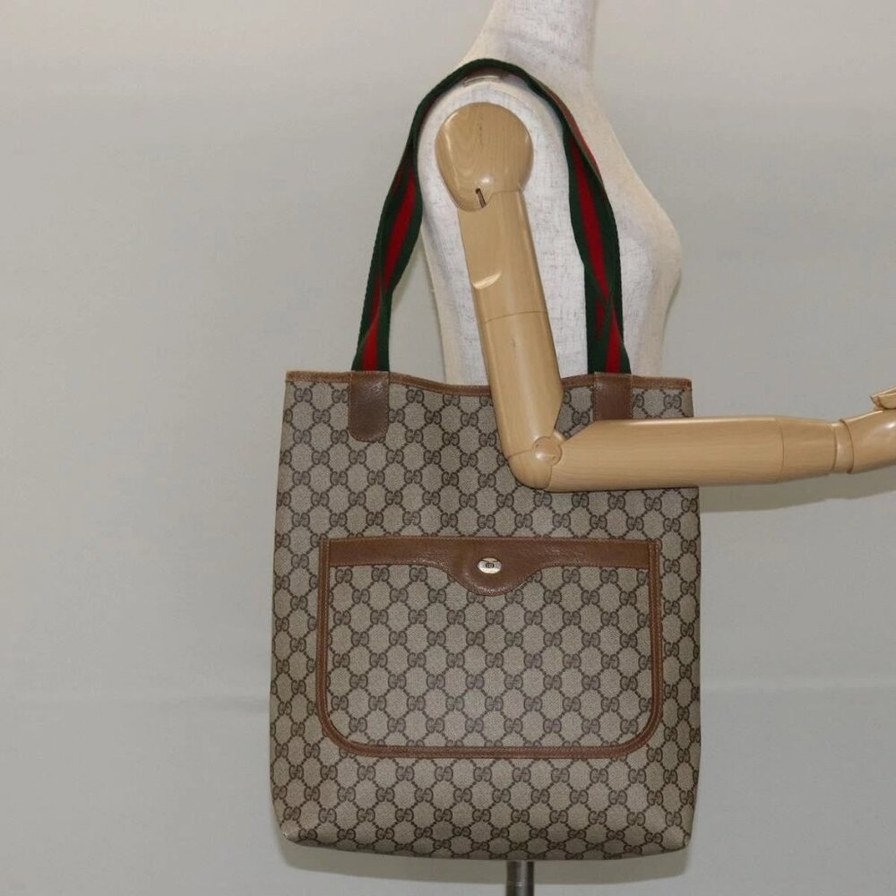 GUCCI GG Supreme Web Sherry Line Tote Bag PVC Beige 56 02 003 Auth ep11398